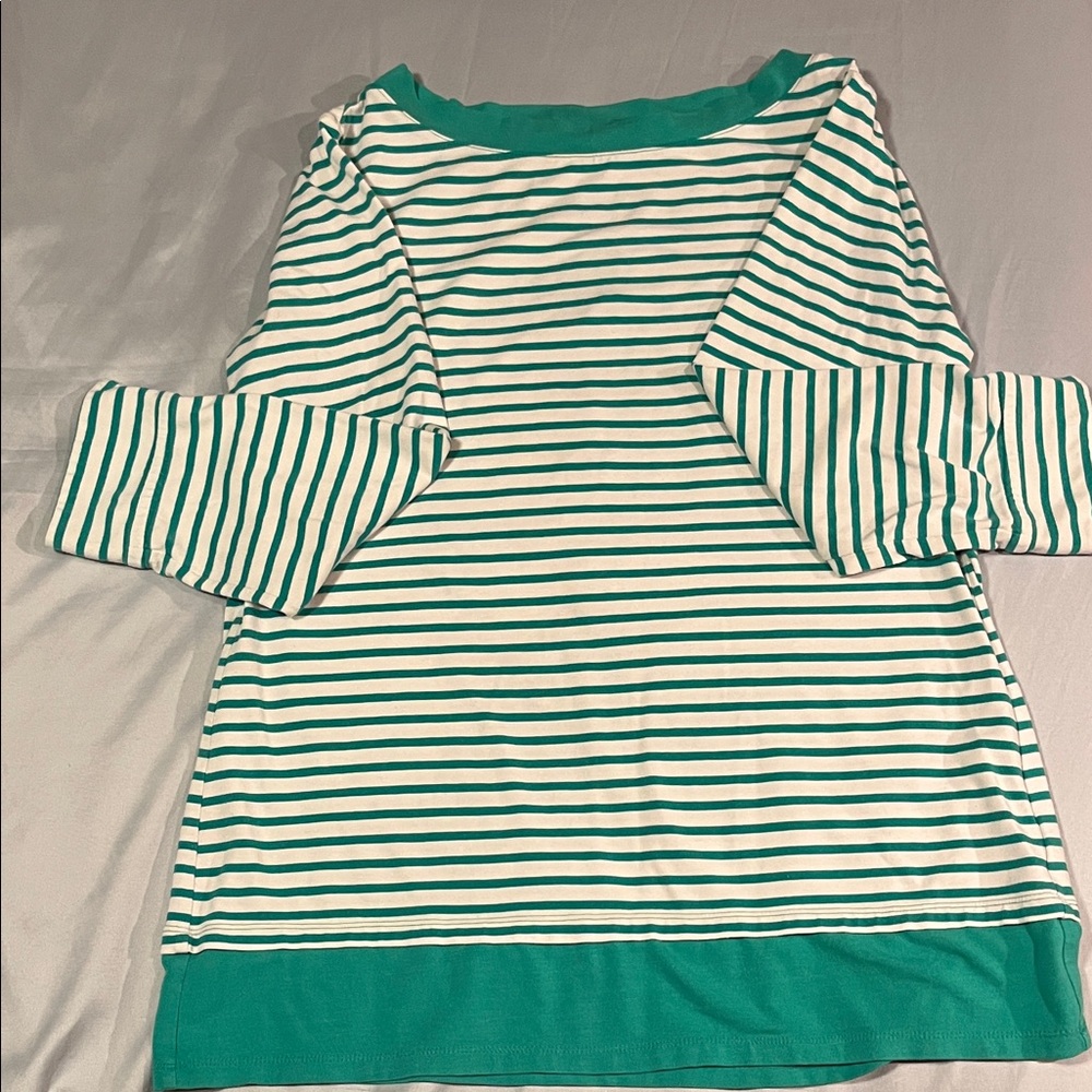 Susan Graver Weekend Green & White Striped Boat Neck Top Size Small 3/4 Sleeves
